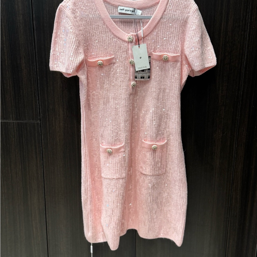 Self-Portrait Pink Sequin Dress with crystal buttons